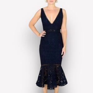 🇪🇸🐠Bardot Fiona Lace Trumpet Midi Dress Cocktail Sheath Flounce Sleeveless Navy